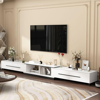 Modern TV Console Extendable Media Console, Adjustable Length, Contemporary Entertainment Center with Drawers and Legs, for Living Room White and Black (95”-133.9”W x 15.2”D x 13.1”H)