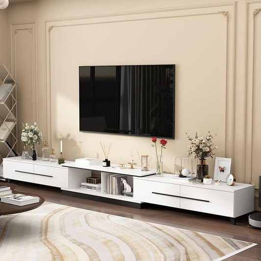 Modern TV Console Extendable Media Console, Adjustable Length, Contemporary Entertainment Center with Drawers and Legs, for Living Room White and Black (95”-133.9”W x 15.2”D x 13.1”H)