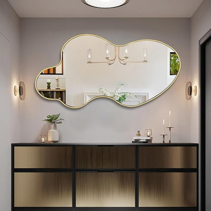 Gold Irregular Mirror, 23.6"x46.5" Asymmetrical Wall Mirror with Metal Frame, Modern Abstract Mirrors for Living Room Bathroom Bedroom Hallway Entryway, Hangs Vertically or Horizontally