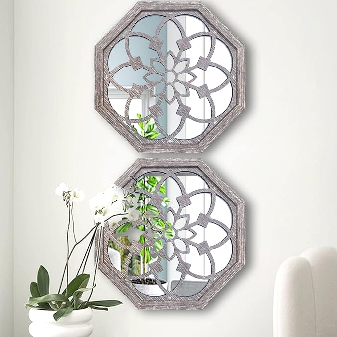ZOLAPI 2 PCS 20 inch Octagon Wall-Mounted Mirrors,Vintage Farmhouse Mirror for Wall Decor,Barn Wood Color Decorative Accent Mirror for Foyer, Bathroom, Bedroom. (20”x20”)