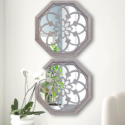 ZOLAPI 2 PCS 20 inch Octagon Wall-Mounted Mirrors,Vintage Farmhouse Mirror for Wall Decor,Barn Wood Color Decorative Accent Mirror for Foyer, Bathroom, Bedroom. (20”x20”)