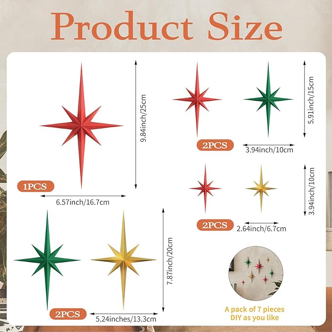 MidModArt 7PCS Mid Century Modern 3D Star Wall Art Gold Retro Starburst Sculptures Vintage Celestial Home Decor, Colored Starburst