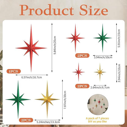 MidModArt 7PCS Mid Century Modern 3D Star Wall Art Gold Retro Starburst Sculptures Vintage Celestial Home Decor, Colored Starburst