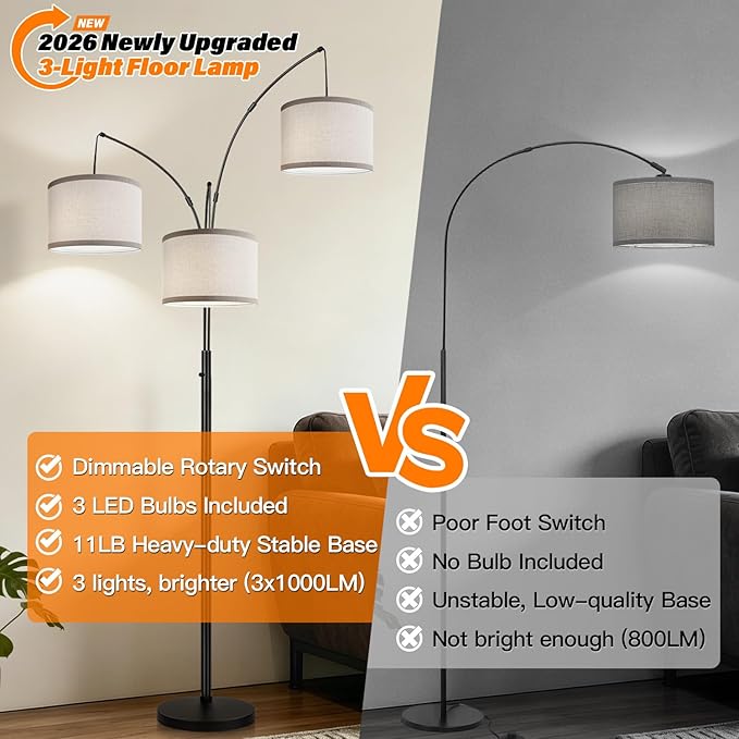 Dimmable Floor Lamp, 3 Lights Black Arc Floor Lamp, Modern Tall Standing Tree Lamp with Grey Linen Shades & Heavy Base, 3000LM LED Bulbs, Bright Lighting for Living Room, Bedroom, Office & Reading