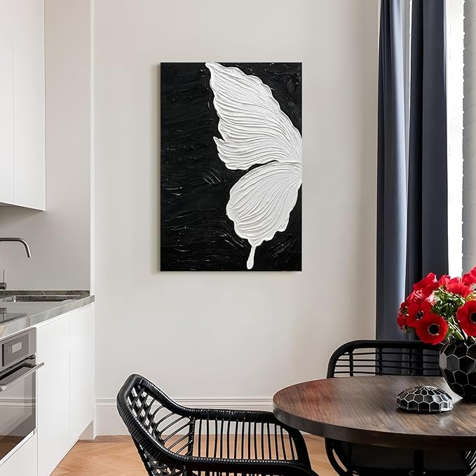 JUHOME Abstract Butterfly Canvas Wall Art – 24x36 Original Hand-Painted Black &White Textured Butterfly Wing Oil Painting on Black Canvas, Modern Minimalist Vertical Wall Decor for Living Room Bedroom