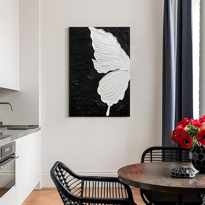 JUHOME Abstract Butterfly Canvas Wall Art – 24x36 Original Hand-Painted Black &White Textured Butterfly Wing Oil Painting on Black Canvas, Modern Minimalist Vertical Wall Decor for Living Room Bedroom