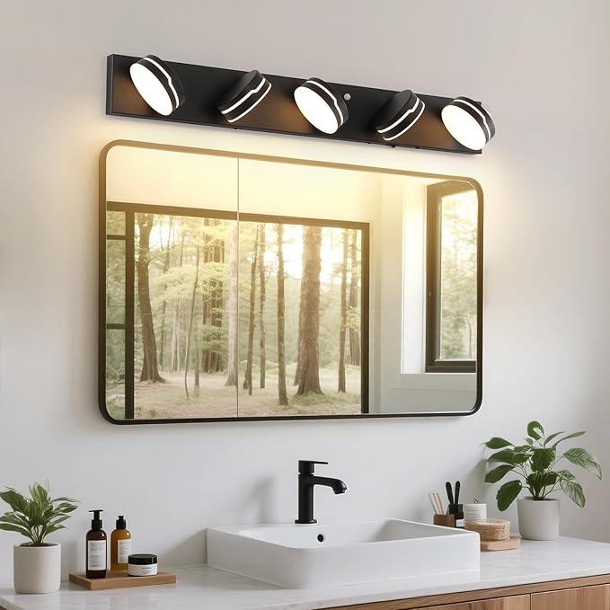 32" Motion Sensor Vanity Light, Matte Black 3CCT 5-Light Modern LED Bathroom Lighting Fixtures Over Mirror, Rotatable Head, Dimmable 3000K-6000K Color Changing Wall Sconce