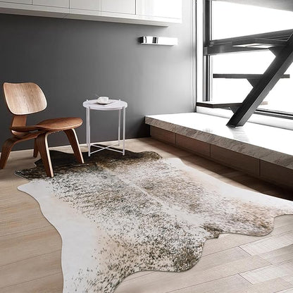 6x7 Cowhide Rug, Washable Faux Brown and White Hide Area Rugs for Living Room, Vintage Cabin Spotted Animal Skin Print Carpet for Under Couch Bedroom, Synthetic Cowskin Leather Decor