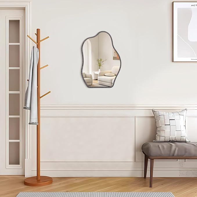 Wood Frame Mirrors Asymmetrical Irregular Wall Unique Shape Modern Wall Mounted Vanity Artistic Mirror Decorative for Living Room Bedroom Bathroom Entryway Hallway Small 14"x10"