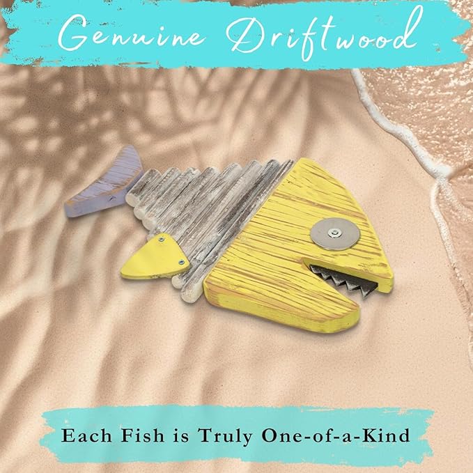 Driftwood Fish Nautical Wall Decor - Handmade Wooden Rustic Coastal Wall Art for Living Room, Bedroom, Office, Bathroom - Ocean Beach Decoration (Chomper)
