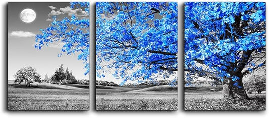 Wall Art For Living Room Black And White Blue Tree Moon Canvas Wall Decor For Home Artwork Huge Painting 20" X 28" 3 Pieces Canvas Print For Bedroom Decor Modern Salon Kitchen Office Hang A Picture