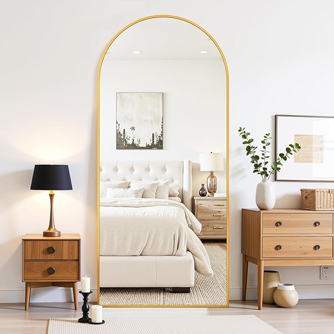 59"×19" Arched Full Length Floor Mirror, Standing Mirror with Aluminum Frame, Large Body Mirror of Free Standing/Wall Mount/Leaning for Bedroom, Living Room, Dressing Room, Gold
