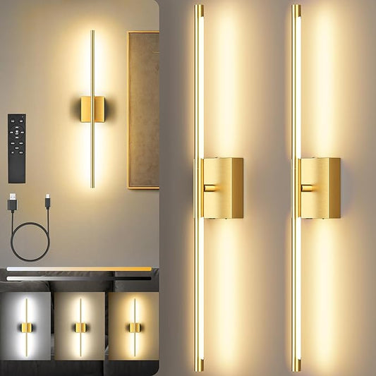 Battery Operated Wall Sconces Set of Two, 10000mAh Rechargeable Wall Lights with Remote Control, 360° Rotate Dimmable Gold LED Cordless Lamps for Bedroom, Living Room, Hallway, 29 Inch, 3CCT