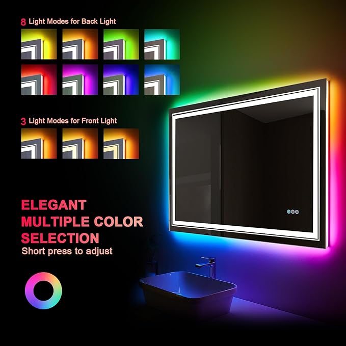 Snowdool LED Mirror for Bathroom, 48"X30" with 8 RGB Backlit +3 Front Lit (Adjustable Individually), Anti-Fog, Large Lighted Bathroom Vanity Mirror for Wall,Shatterproof,Memory Function,Tempered Glass