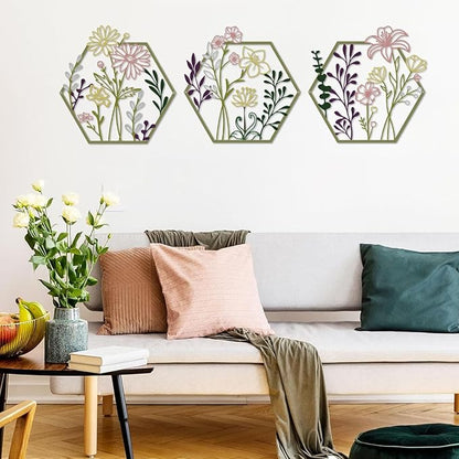 ESTART 3 Pcs Metal Flower Wall Decor, Minimalist Floral Wall Hanging Art, Abstract Line Floral Wall Art Sculpture for Bedroom Bathroom Living Room Kitchen Dining Room (Multi Color)