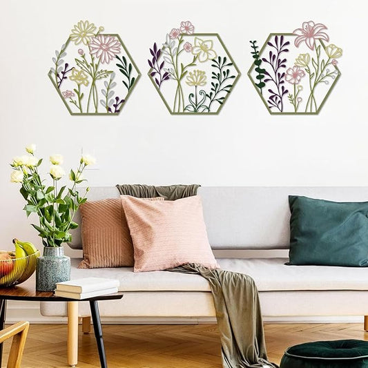 ESTART 3 Pcs Metal Flower Wall Decor, Minimalist Floral Wall Hanging Art, Abstract Line Floral Wall Art Sculpture for Bedroom Bathroom Living Room Kitchen Dining Room (Multi Color)