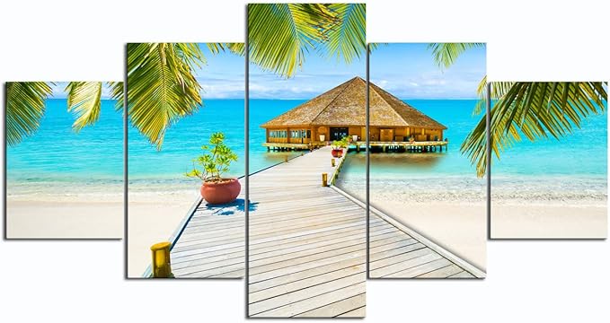 Beach Palm Tree House Scene of Sea Landscape Picture Modern Painting on Canvas 5 Piece Framed Wall Art for Living Room Bedroom Kitchen Home Decor Gallery Wrap Giclee Print (60’’W x 32’’H)