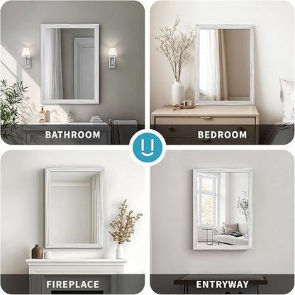 White Wood Effect Framed Wall Mirror, 24x36 Rectangle Mirror, Anti-desilvering Tempered Glass, Sustainable& Sturdy Frame, Farmhouse Mirror, Anti-Rust, 3min Fast Setup for Bathroom Living Room