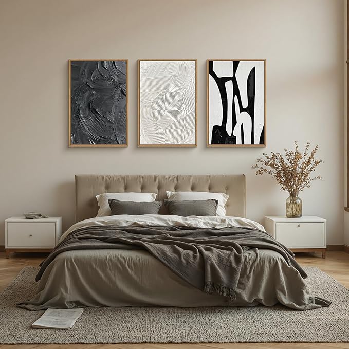 Black and White Abstract Framed Canvas Wall Art Set, Modern Textured Brushstroke Wall Decor,Neutral Minimalist Line Art Print for Living Room,Bedroom,Dining Room, Office-24 x36 x3