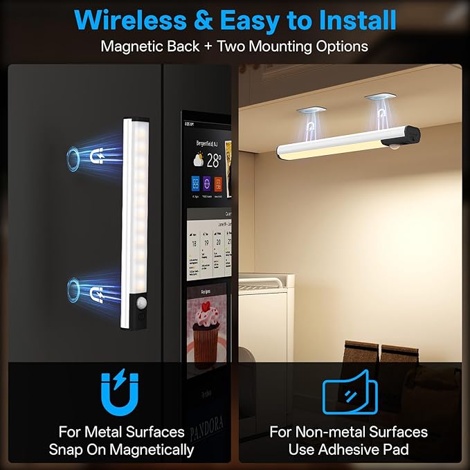 Under Cabinet Lighting,LED Closet Lights,Rechargeable Motion Sensor Light Indoor,3 Colors Dimmable,Magnetic Installation for Kitchen,Wardrobe,Bedroom,Drawer 3Pack