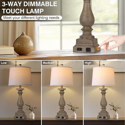 28" Tall Farmhouse Table Lamp with USB C+A Ports and AC Outlet, 3 Way Touch Control Rustic Bedside Lamp for Bedroom, Brown Vintage Nightstand Lamp for Living Room Office
