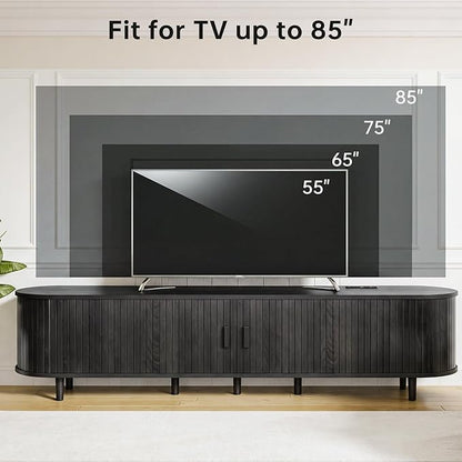 80" Mid Century Modern TV Stand, Wood TV Consoles with Sliding Doors and Power Outlet, Fluted Entertainment Center with Adjustable Shelves, Media Console for Living Room, Black