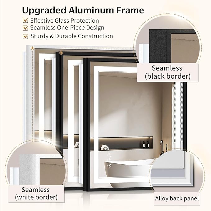 30"x50" LED Bathroom Mirror with Lights, Front & Backlit, Anti-Fog, Dimmable, 3 Color Temperature, CRI 90+, LED Mirror for Bathroom with Premium Full Aluminum Frame, Touch Control with Memory