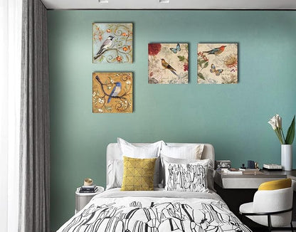 Flowers Birds Canvas Wall Art for Bedroom Floral Wall Decor Butterfly Picture Framed Artwork Vintage Prints Paintings for Bathroom Kitchen Decorations