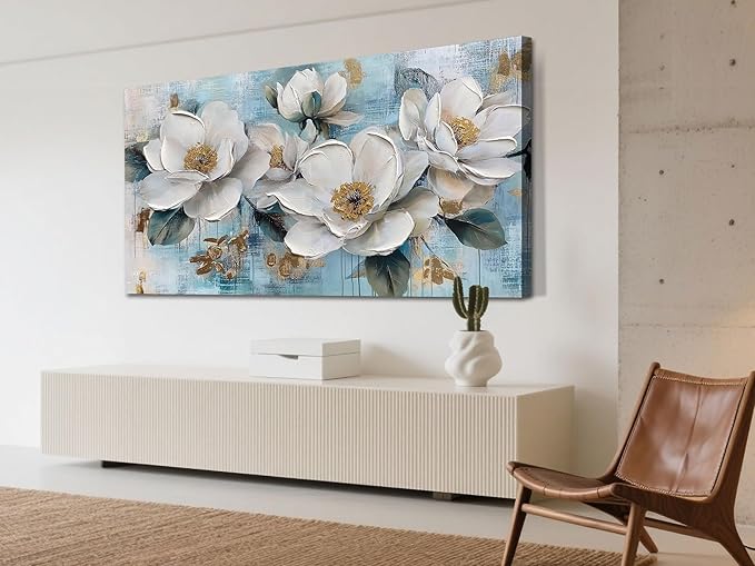Ardemy Flower Wall Art for Living Room White Floral Canvas Art Wall Decor, Magnolia Teal Picture Textured Painting Turquoise Framed Artwork Bedroom Dining Room Kitchen Home Office 40"x20"