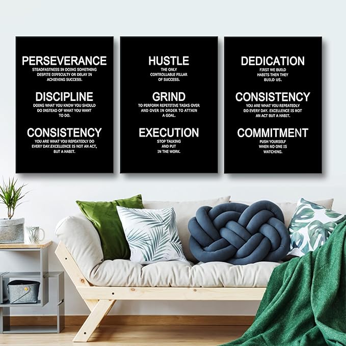 Hustle Discipline Motivational Poster 3 Piece Success Quote Office Decor Inspirational Wall Art Canvas Prints Artwork for Modern Home Living Room Painting Pictures Stretched and Framed [60''W x 28''H]