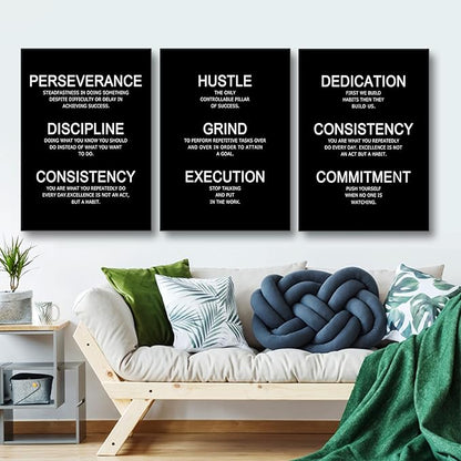 Hustle Discipline Motivational Poster 3 Piece Success Quote Office Decor Inspirational Wall Art Canvas Prints Artwork for Modern Home Living Room Painting Pictures Stretched and Framed [60''W x 28''H]