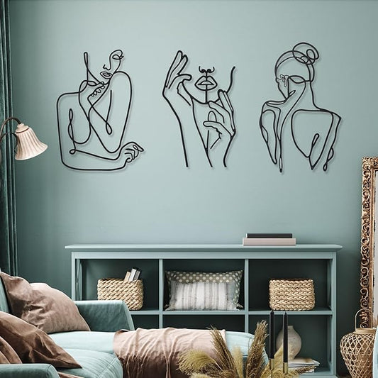 Photect 3 Pcs Metal Wall Art Decor Minimalist Abstract Woman Wall Art Metal Modern Line Drawing Decor Female Single Line Home Hanging for Bedroom Bathroom Living Room Housewarming(Cute,Black)