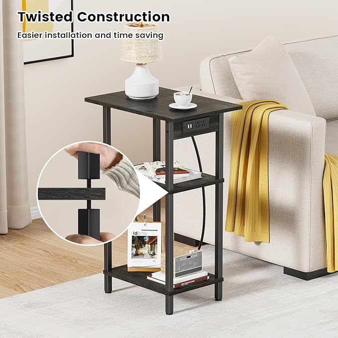 Asgolion Tall End Table with Charging Station, Skinny Nightstand with USB Ports and Outlets, 3 Tier Narrow Side Table with Storage for Bedroom, Living Room, Office, Carbon Gray
