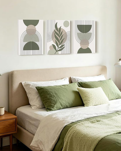 Drsoum 12x16in Boho Wall Art Green Sage Decor Framed Wood Modern Bohemian Abstract Geometry Canvas Prints Ready to Hang