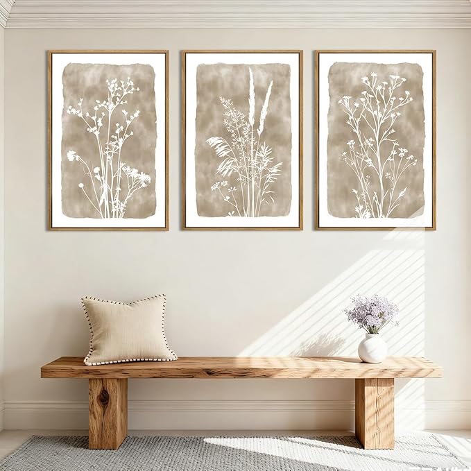 ANHUIB Extra Large Beige Floral Wall Art 24x36 Inch Neutral Floral Wall Decor Vintage Flower Artwork for Living Room Bedroom Office Set of 3