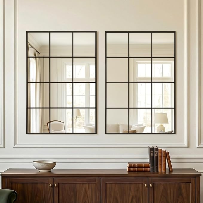 Anpark Windowpane Wall Mirror 30"x40" Black Wall Mounted Art Pane Mirror Farmhouse Decorative Mirror Leaning Hanging Wall Mirror for Bedroom Living Room Entryway Hallway Wall Decor