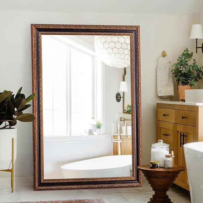 Large Vintage Mirror 53" X 37.5" for Bathroom, Black-Bronze Handmade Aging Ornate Wood Frame Mirror for Bedroom, Fireplace, Dining Room and Living Room