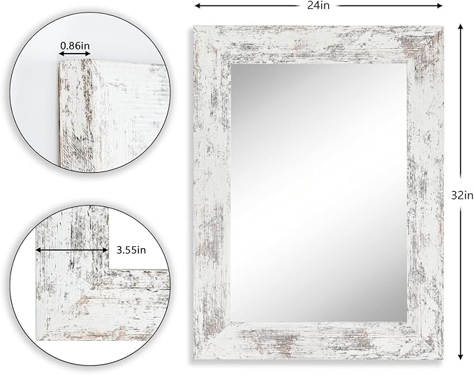 Syndra Wood Mirror with Frame, Rustic 24X32 Inch Wall Mounted Vanity Mirror with Large Wood Frame, Farmhouse Bathroom Mirror for Bedroom, Living Room, Entryway Wall Decor(White)