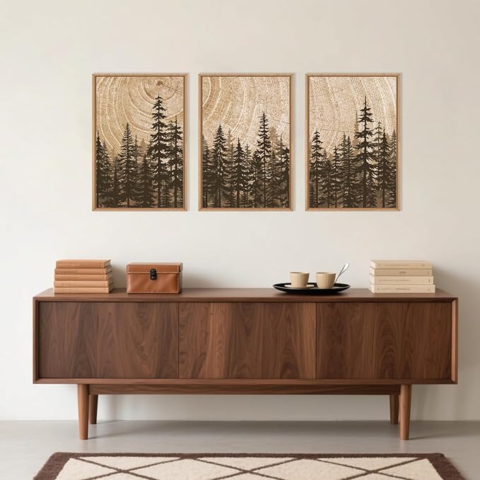 Forest Pine Tree Framed Canvas Wall Art Set,Rustic Woodland Landscape Wall Decor,Large Vintage Natural Painting,Retro Brown Artwork for Living Room,Bedroom, Kitchen,Study,Office-16 x24 x3
