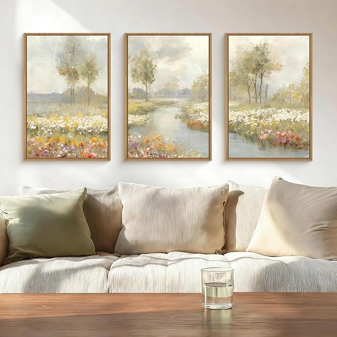 HPNIUB Watercolor Green Landscape Framed Wall Art Set,Nature Wildflowers Wall Decor,Vintage Colorful Floral Art Print,Calming Wilderness Tree Scenery Artwork for Living Room, Bedroom,Office-24 x36 x3