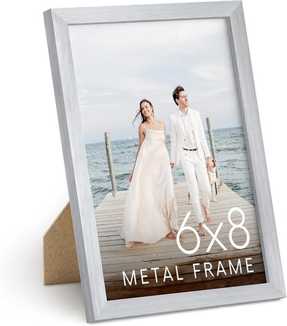 HAUS AND HUES 6x8 Silver Metal Picture Frame - Premium Aluminum Photo Display with Vertical Hanging & Tabletop Stand (6x8 in, Silver, Set of 1)
