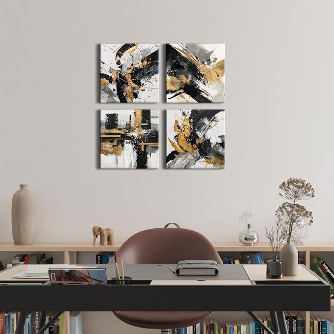 Abstract Black and Gold Wall Art for Bathroom Marble Pictures for Wall Modern Black White and Gold Texture Canvas Prints Painting Neutral Posters Artwork Living Room Home Decorations 12x12” 4Pcs