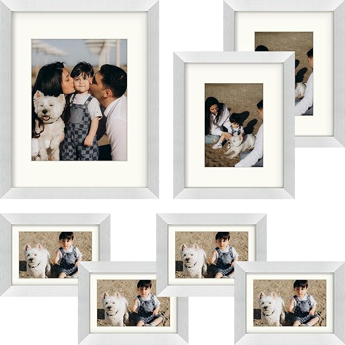 Frametory, Gallery Wall Frame Set of 7 Multiple Sizes 11x14, 8x10, 5x7 Picture Frame Collage with Ivory Color Mat for Prints, with Real Glass (Silver)