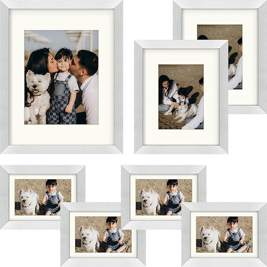 Frametory, Gallery Wall Frame Set of 7 Multiple Sizes 11x14, 8x10, 5x7 Picture Frame Collage with Ivory Color Mat for Prints, with Real Glass (Silver)