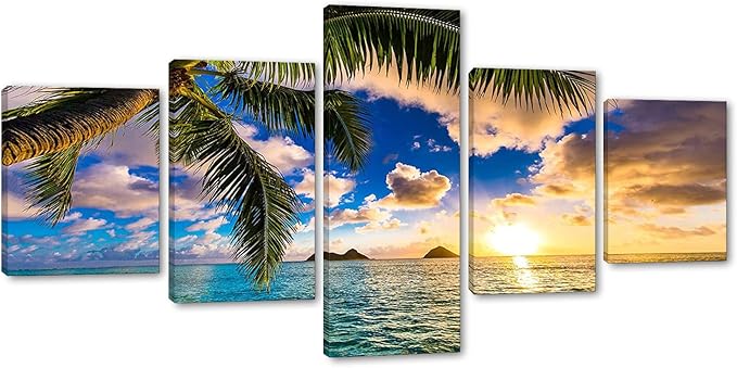 Sunrise 5 Pieces Wall Decor Beaches Wall Art Ocean Scenic Nature Photography Pictures HD Print on Canvas Office Home Decor for Living Room Aisle Bedroom Bathroom Wall Decoration Framed Ready to Hang - 50''W x 24''H