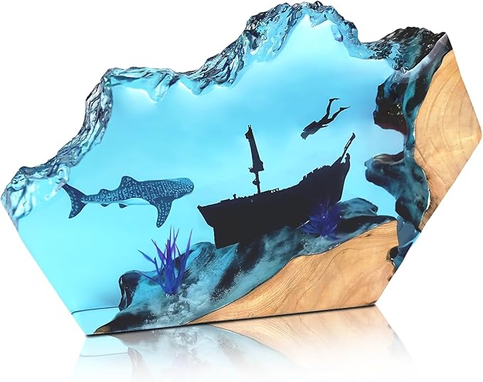 Epoxy Resin Lamp, Ocean Night Light,Artistry Home Decor Bedside Nightlight, Unique Resin Lighting, Nightstand Decorations for Bedroom, Suitable for Holidays(Sunken Boat)