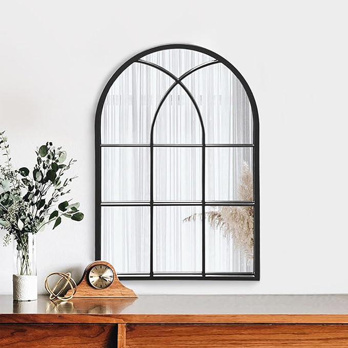Dewfig Arched Window Wall Mirror, 30"x20" Window Pane Mirrors, Vanity Mirrors for Bathroom, Bedroom, Entryway, Living Room, Farmhouse Mirrors for Wall Decor, Metal Frame, Black