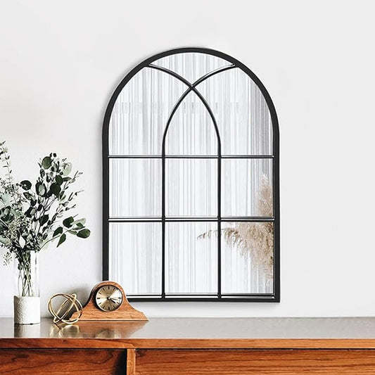Dewfig Arched Window Wall Mirror, 30"x20" Window Pane Mirrors, Vanity Mirrors for Bathroom, Bedroom, Entryway, Living Room, Farmhouse Mirrors for Wall Decor, Metal Frame, Black
