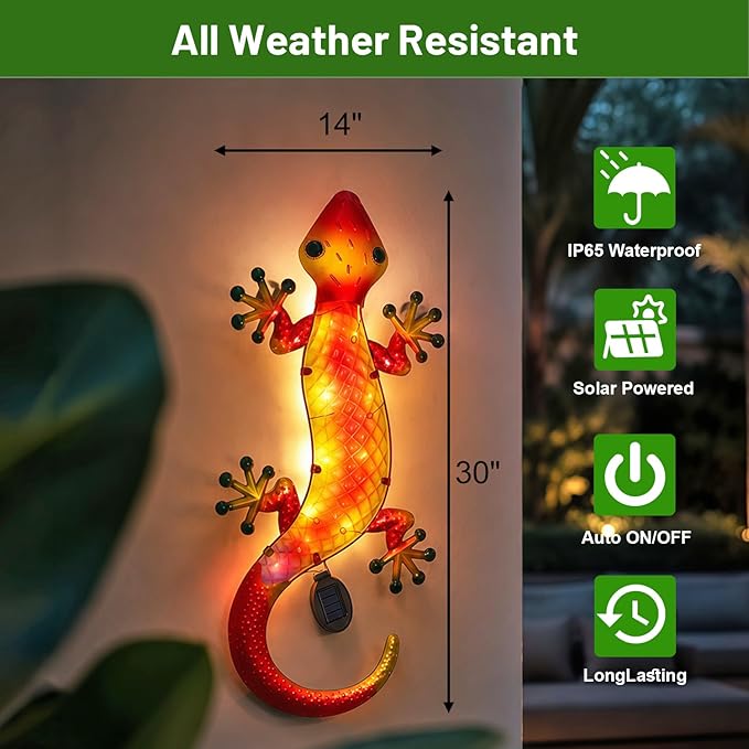 HONGLAND Solar Lizard Wall Decor-30 Inch 3D Gecko Metal Wall Art Outdoor Hanging Glass Sculpture, Yard Decorations Outdoor for Garden Fence