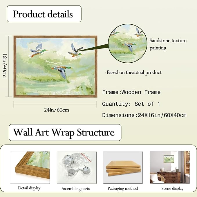 Vintage Mallard Duck Wall Art Cottagecore Flying Ducks Wall Decor Painting Rustic Bird Animal Landscape 3D Textured Hand Drawn Sandstone Artwork for Living Room Bedroom 16x24 inch Framed